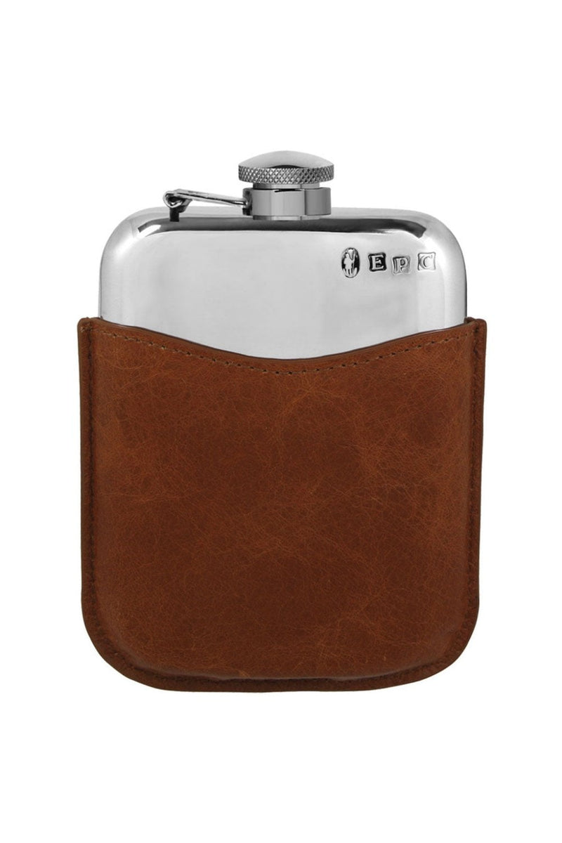 Pewter Hip Flask with Hinged Captive Top & Tan Pouch 6oz