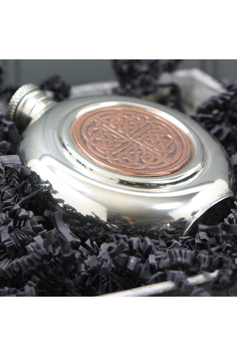 Round Pewter Hip Flask Copper Celtic Knot 6oz
