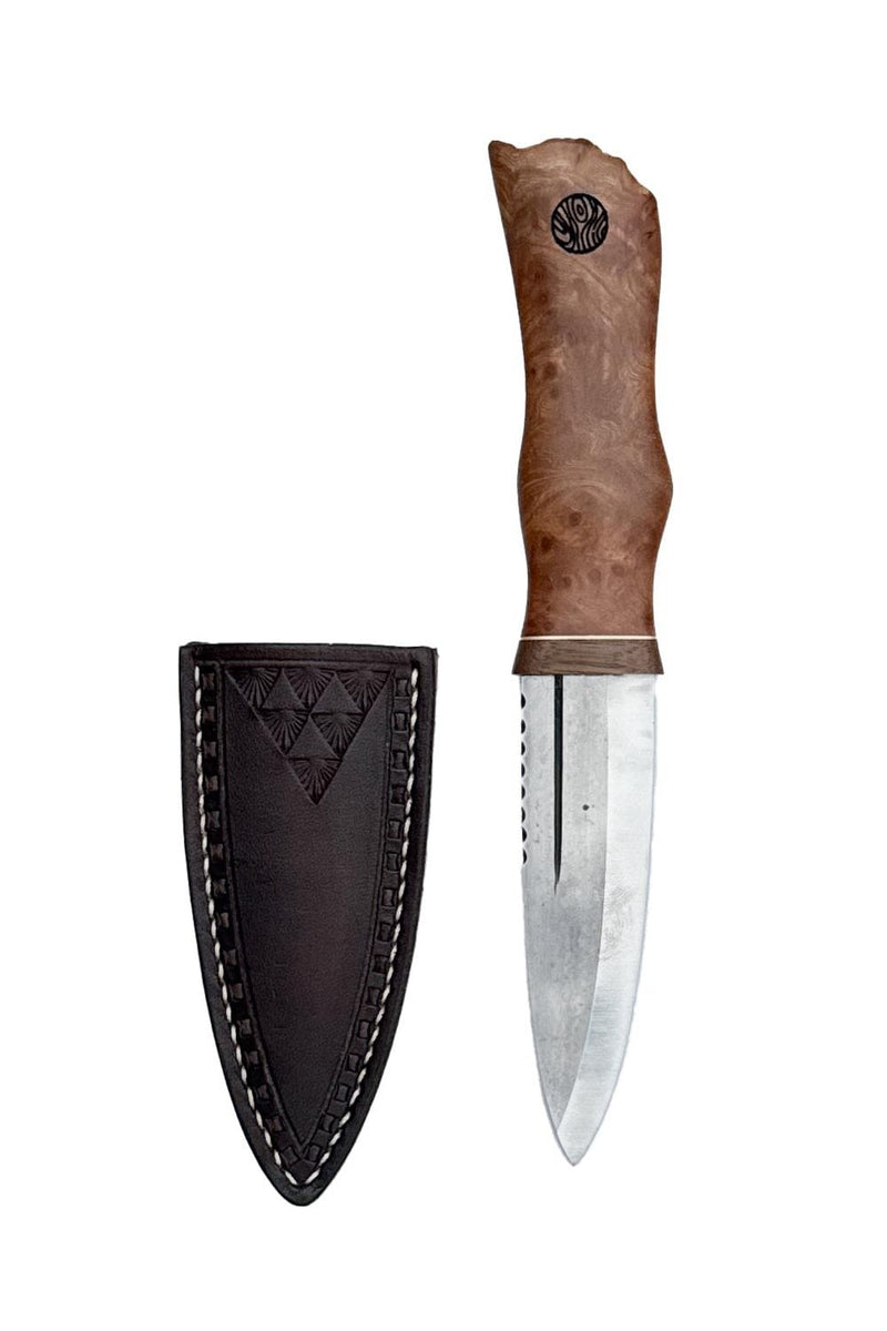 Burr Elm, Brass and Reclaimed Mahogany Sgian Dubh with Wild River Forge Blade
