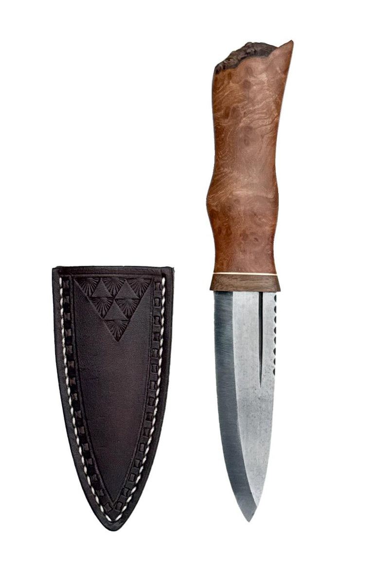 Burr Elm, Brass and Reclaimed Mahogany Sgian Dubh with Wild River Forge Blade