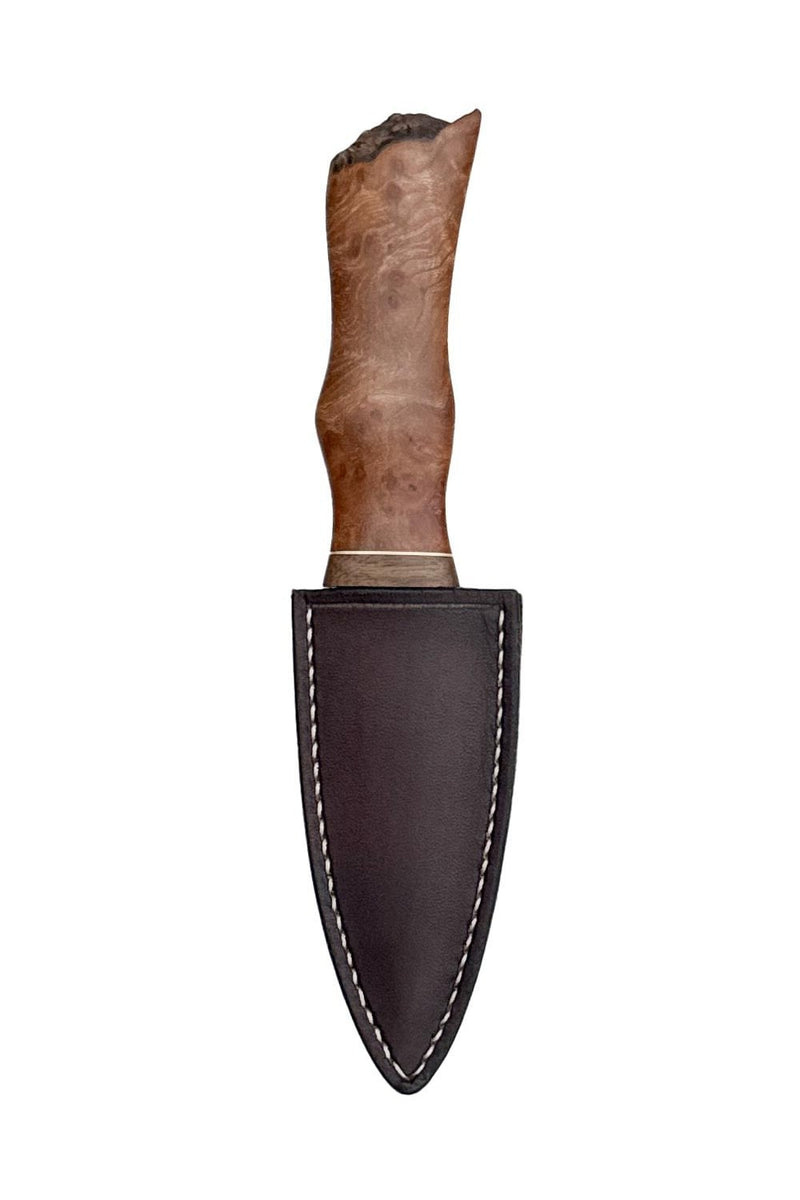 Burr Elm, Brass and Reclaimed Mahogany Sgian Dubh with Wild River Forge Blade