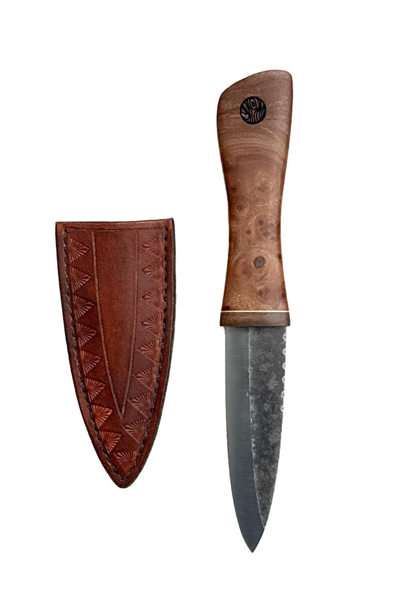 Burr Elm, Brass and Reclaimed Mahogany Sgian Dubh with Wild River Forge Blade