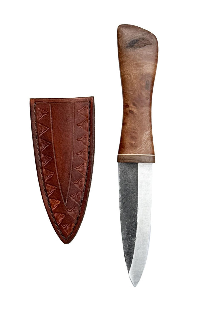 Burr Elm, Brass and Reclaimed Mahogany Sgian Dubh with Wild River Forge Blade