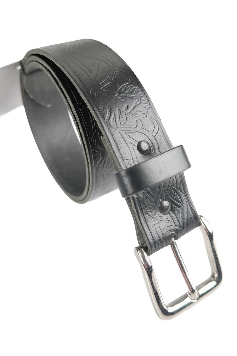 Black Leather Trouser Belt with Embossed Stag & Celtic Knotwork