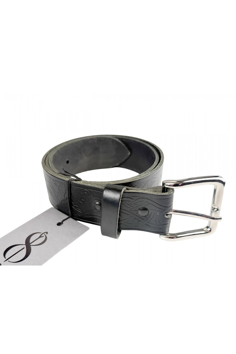 Black Leather Trouser Belt with Embossed Stag & Celtic Knotwork