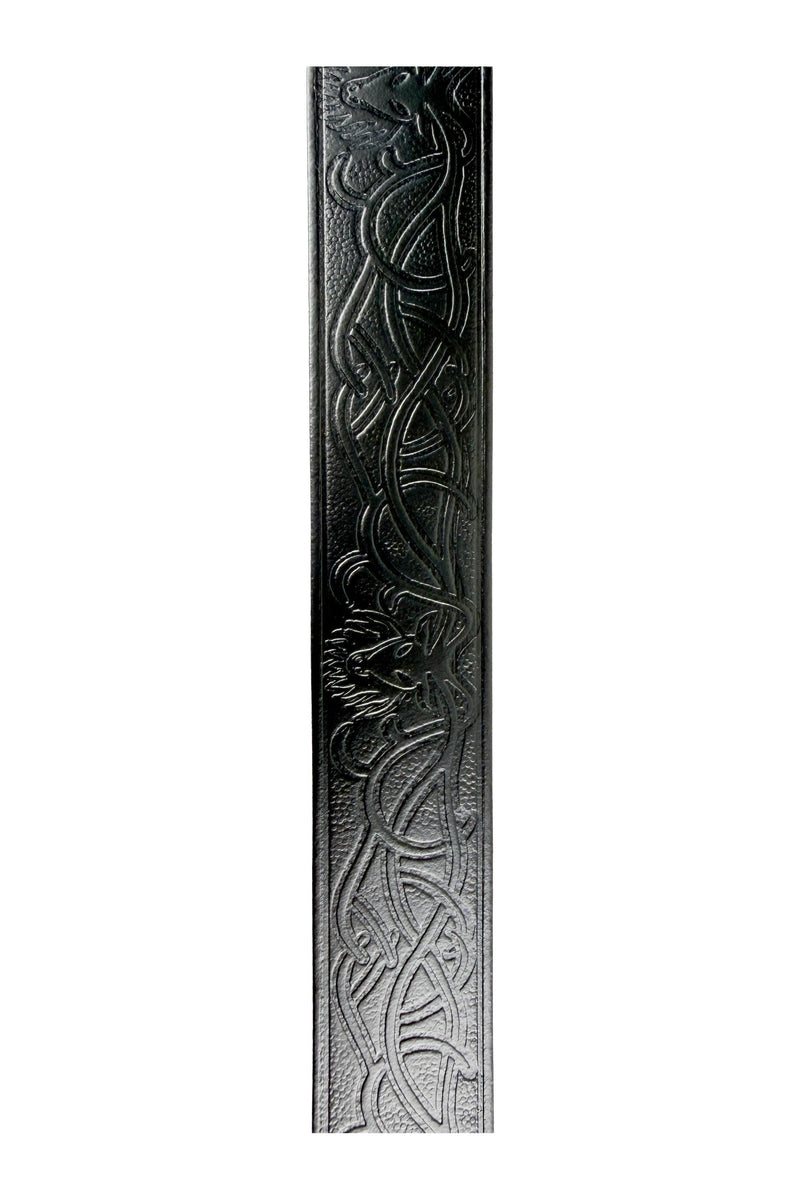 Black Leather Trouser Belt with Embossed Stag & Celtic Knotwork
