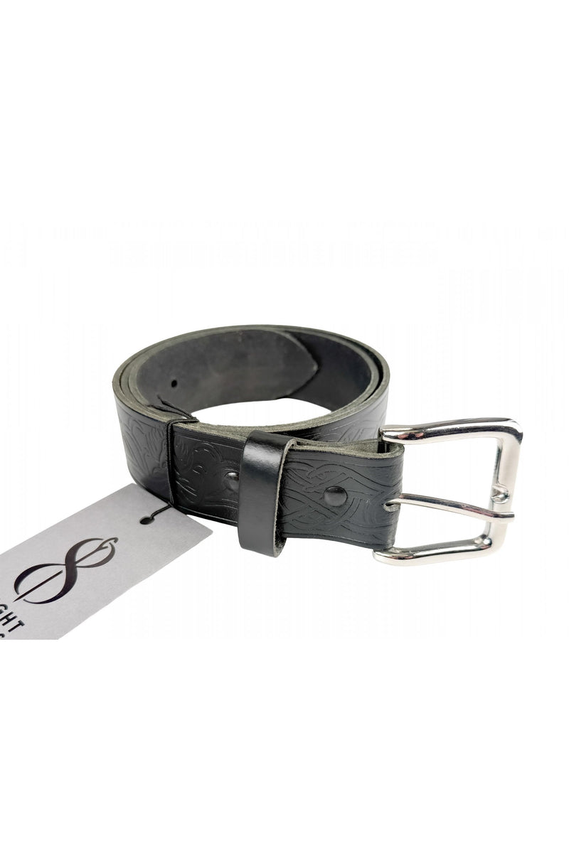 Black Leather Trouser Belt with Embossed Stag & Celtic Knotwork
