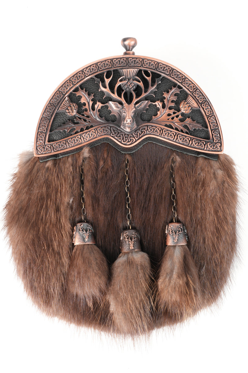 Dress Sporran Brown Musquash with Stag and Thistle Copper Cantle