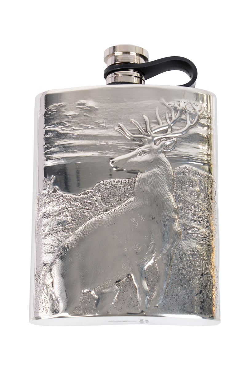 Pewter Hip Flask Embossed Stag Design 6oz