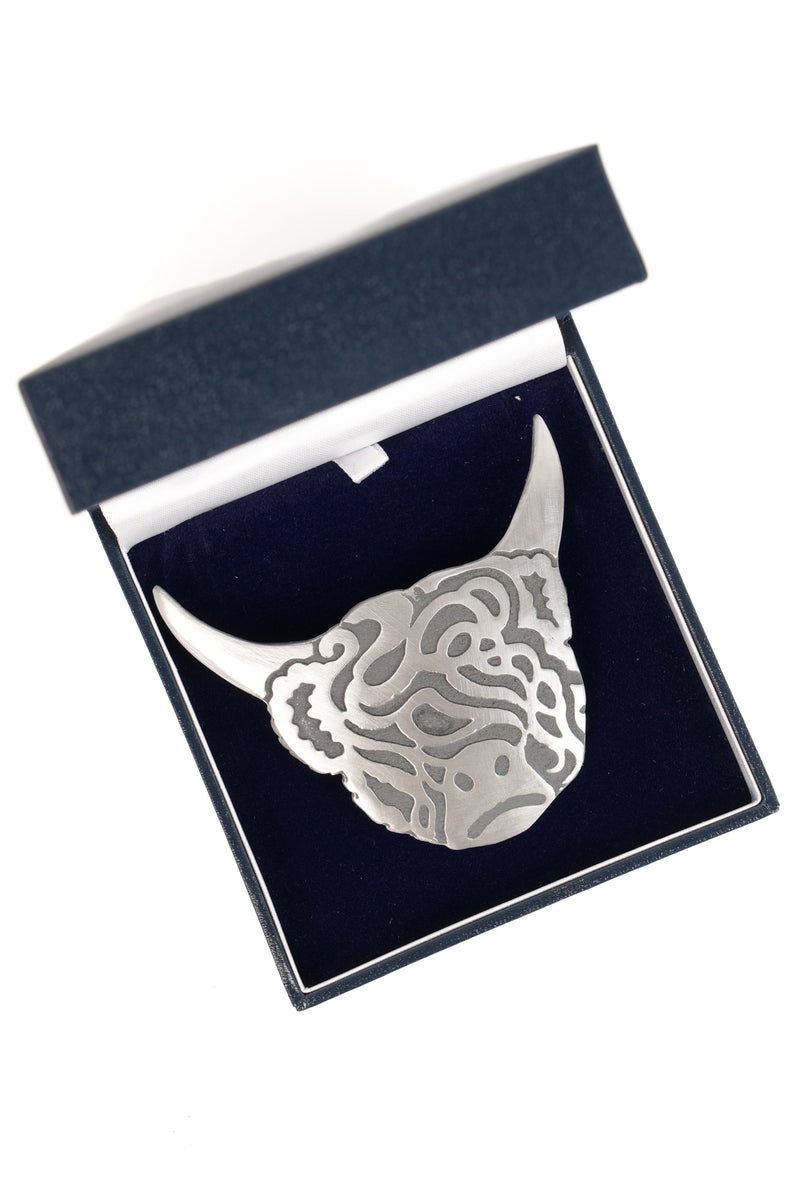 Highland Cow Pewter Plaid Brooch, Handmade in Scotland
