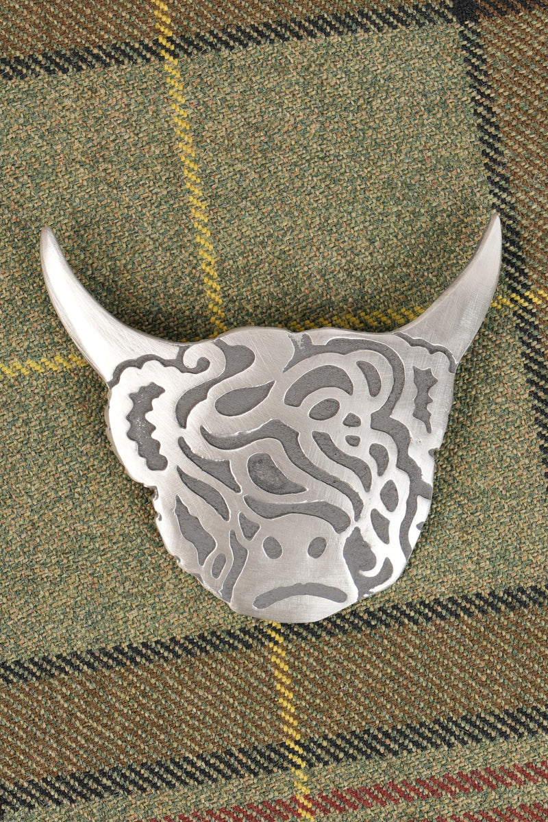 Highland Cow Pewter Plaid Brooch, Handmade in Scotland