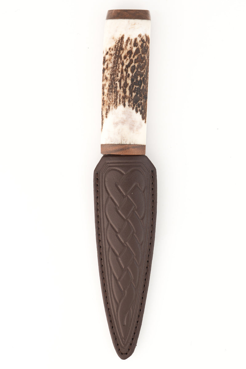 Scottish Staghorn Sgian Dubh with Damascus Blade & Celtic Leather Sheath
