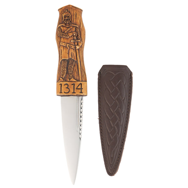 A commemorative Battle of Bannockburn 700th anniversary sgian dubh with celtic leather sheath and hand-stained resin handle, presented in 