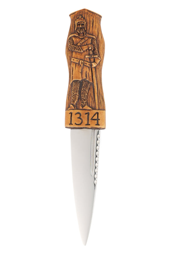 A commemorative Battle of Bannockburn 700th anniversary sgian dubh with celtic leather sheath and hand-stained resin handle, presented in a gift box.