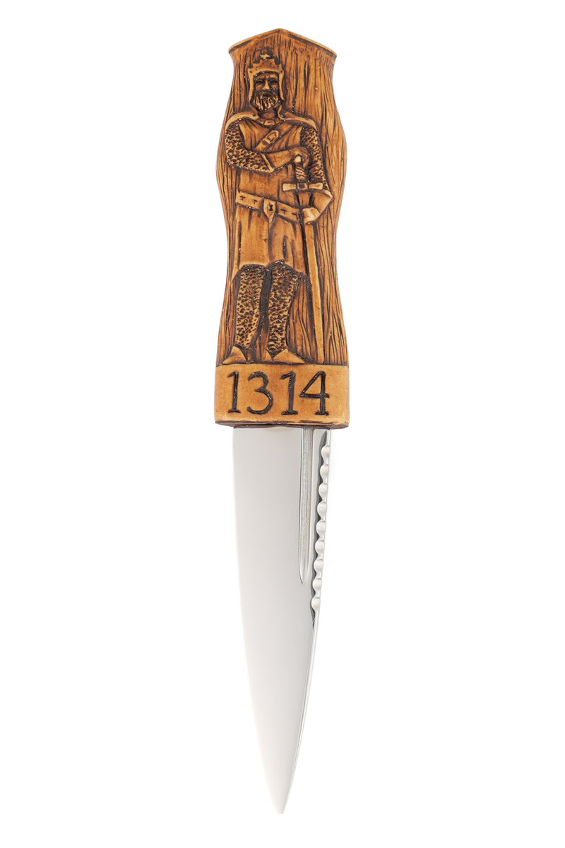 A commemorative Battle of Bannockburn 700th anniversary sgian dubh with celtic leather sheath and hand-stained resin handle, presented in a gift box.