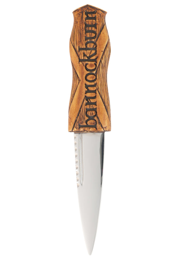 A commemorative Battle of Bannockburn 700th anniversary sgian dubh with celtic leather sheath and hand-stained resin handle, presented in 