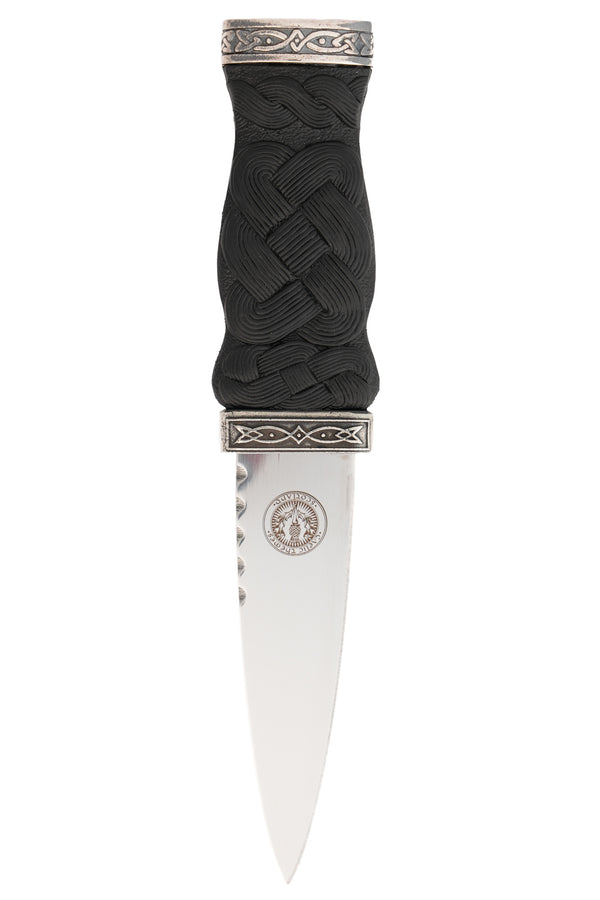 The front of the Celtic Rope Sgian Dubh showing the stainless steel blade and celtic rope handle detail.