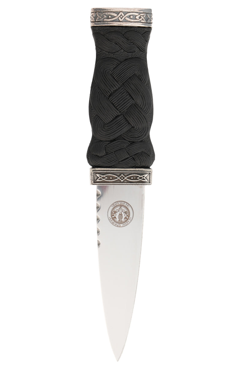 The front of the Celtic Rope Sgian Dubh showing the stainless steel blade and celtic rope handle detail.