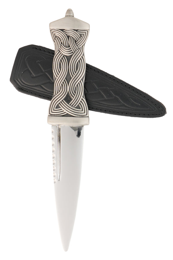 The real black leather sheath of the Earn Matt Pewter Dress Sgian Dubh.