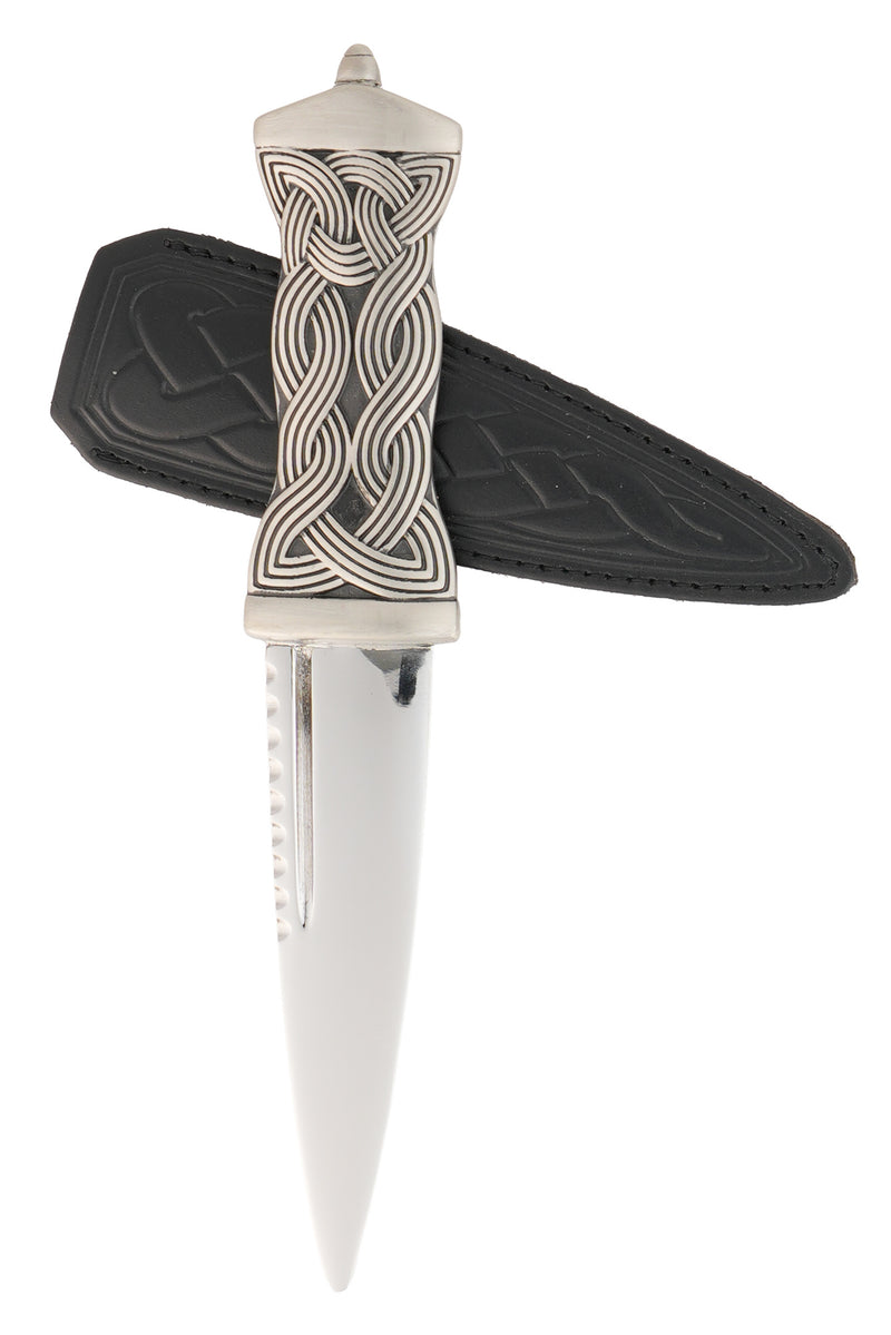 The real black leather sheath of the Earn Matt Pewter Dress Sgian Dubh.