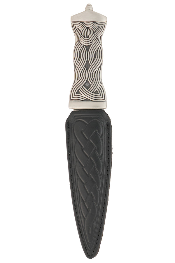 The real black leather sheath of the Earn Matt Pewter Dress Sgian Dubh.