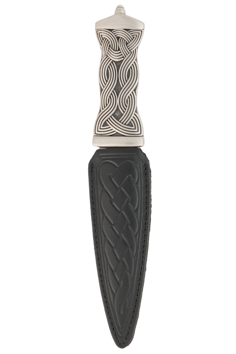The real black leather sheath of the Earn Matt Pewter Dress Sgian Dubh.