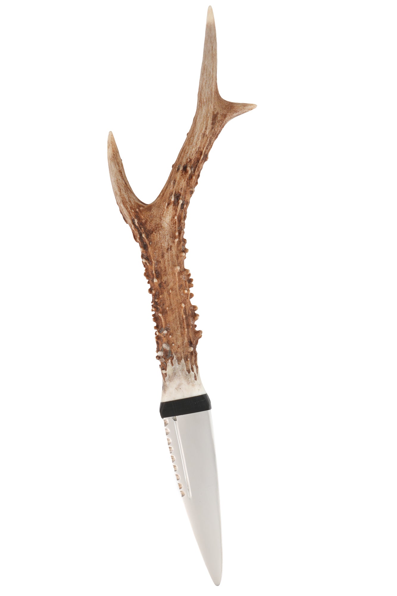 Wild Stag Antler Handle Sgian Dubh rear view showing Celtic embossed black leather sheath detail