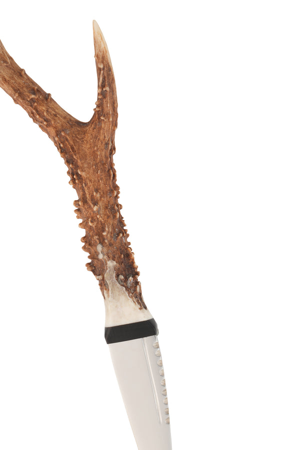 Close up of naturally shed stag antler handle on the Wild Stag Antler Handle Sgian Dubh, showing natural texture and variation