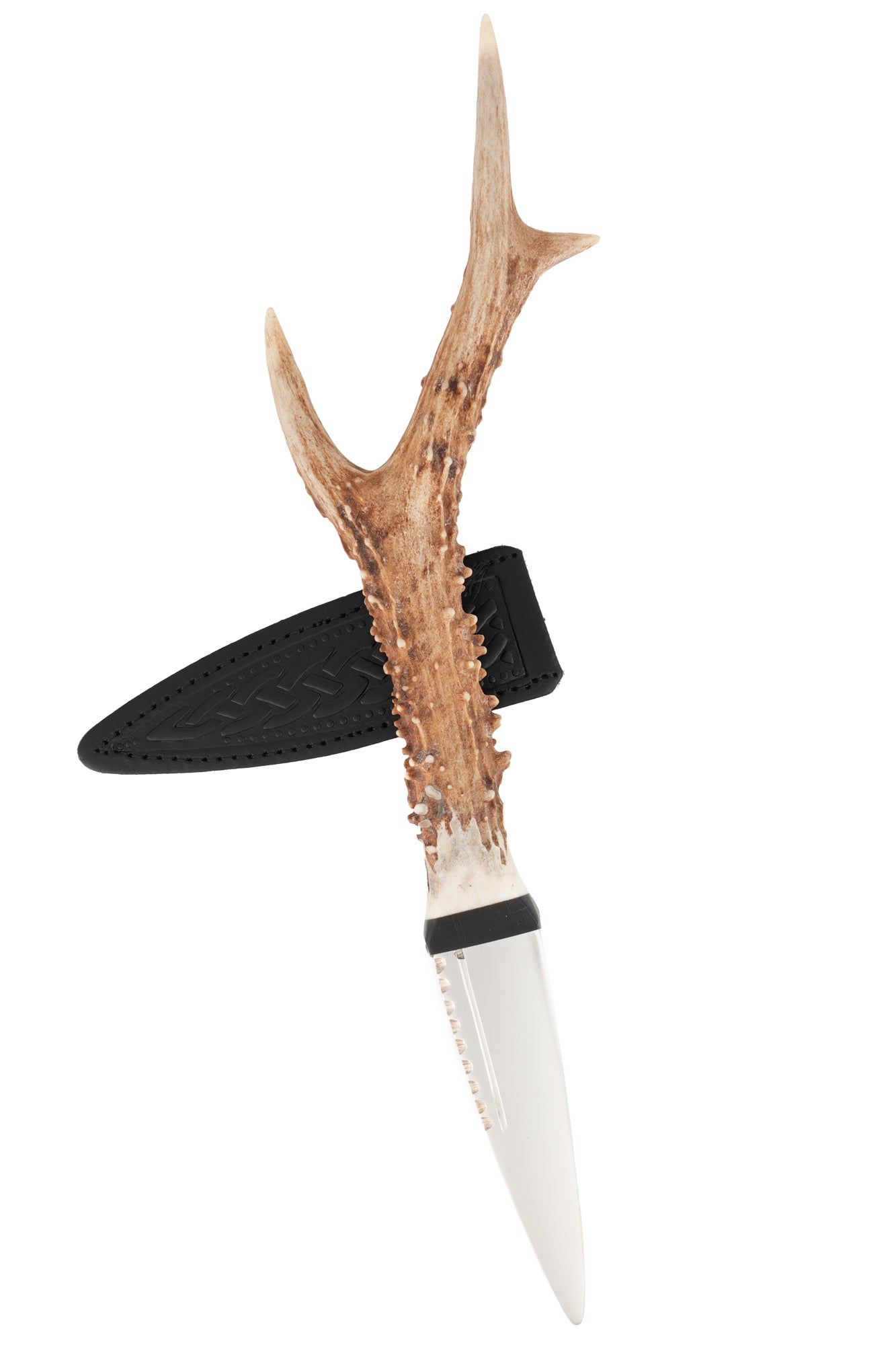 Wild Stag Antler Handle Sgian Dubh with Celtic embossed black leather sheath