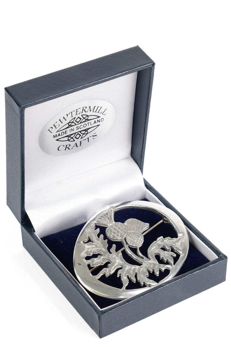 Thistle Leaf Oval Plaid Brooch, Pewter
