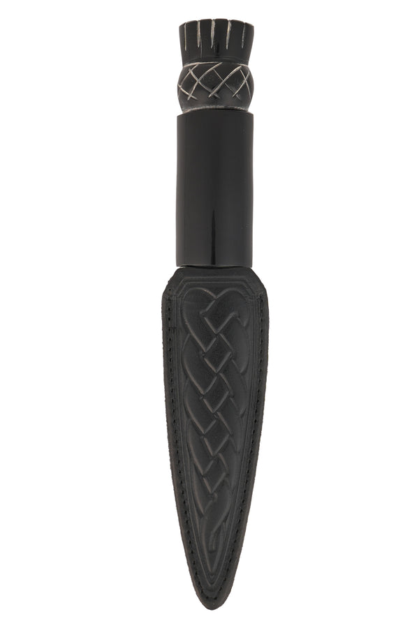 Sgian Dubh Oxhorn handle, carved thistle top, full front with black leather scabbard