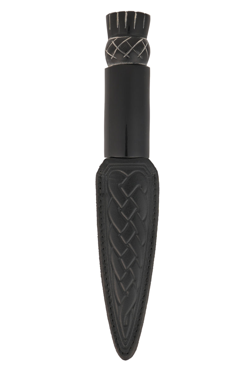 Sgian Dubh Oxhorn handle, carved thistle top, full front with black leather scabbard